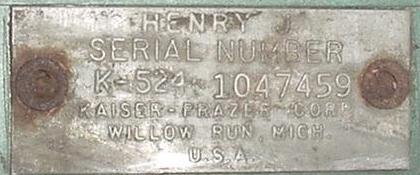 This serial plate is from a 1952 Henry J Vagabond.